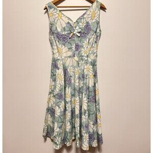 Vtg L’Aiglon V Neck Swing Dress Womens S Blue Floral Artsy 50s Pinup Retro Bow